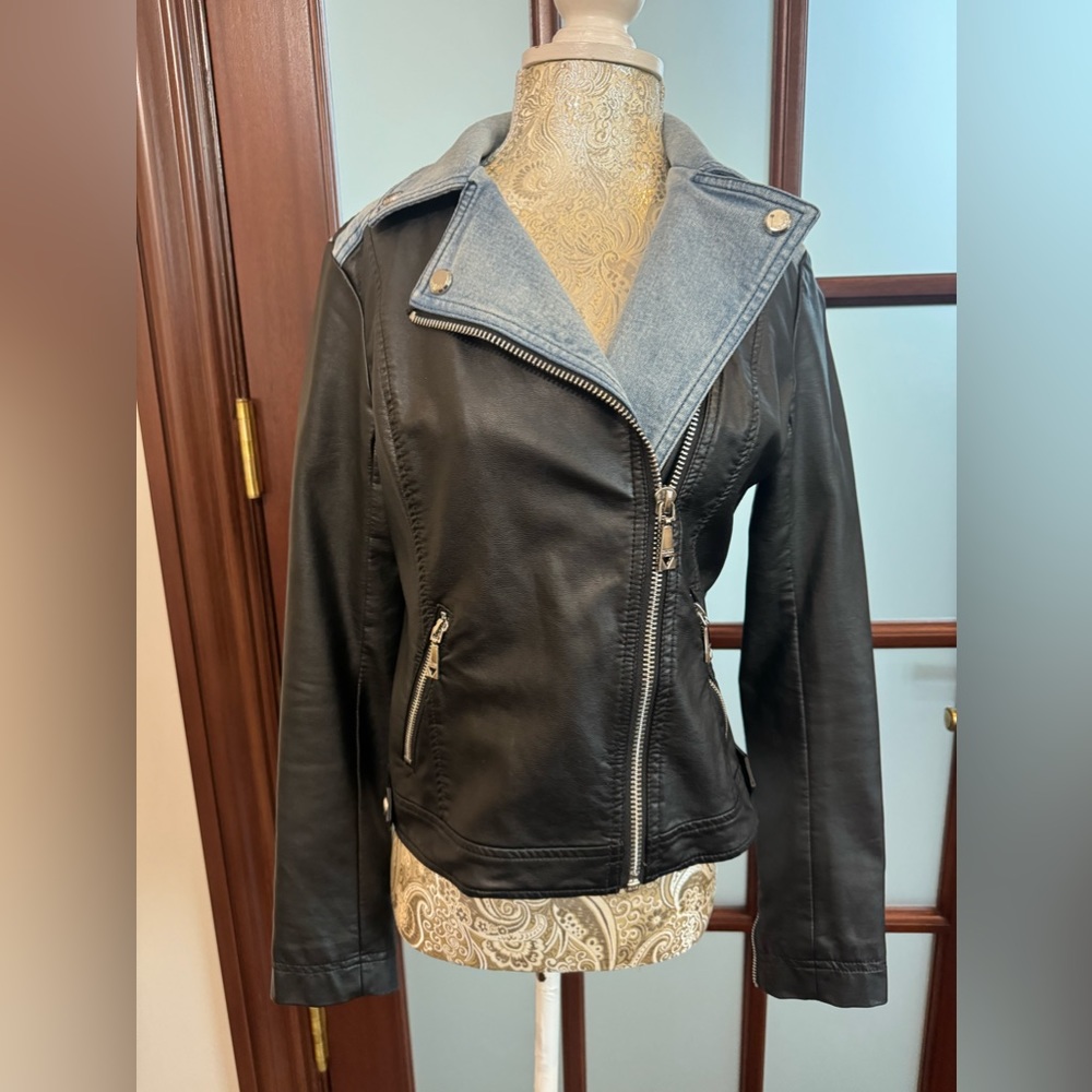 GUESS'S Faux Leather Moto Jacket With Denim  Size XS
